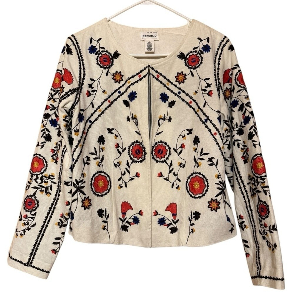For The Republic Women Ivory Multicolor Embroidered Boho Cotton Jacket Sz Large